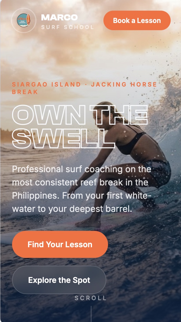 Site Marco Surf School, version téléphone